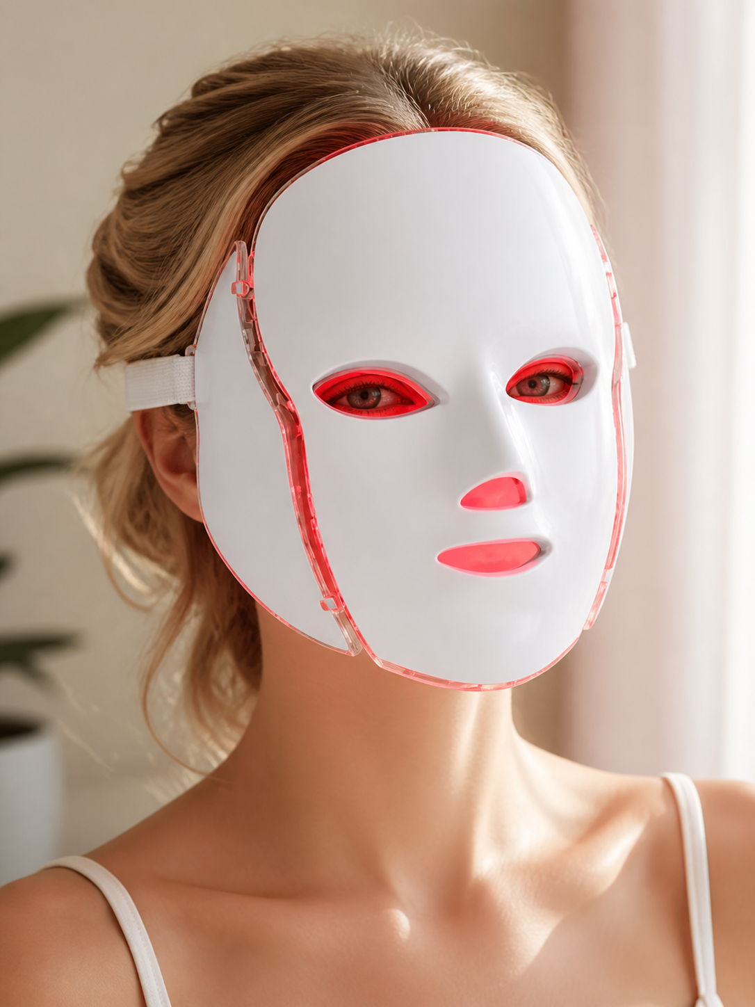 Wearable white PhotonMask face mask with its LED grid softly illuminated