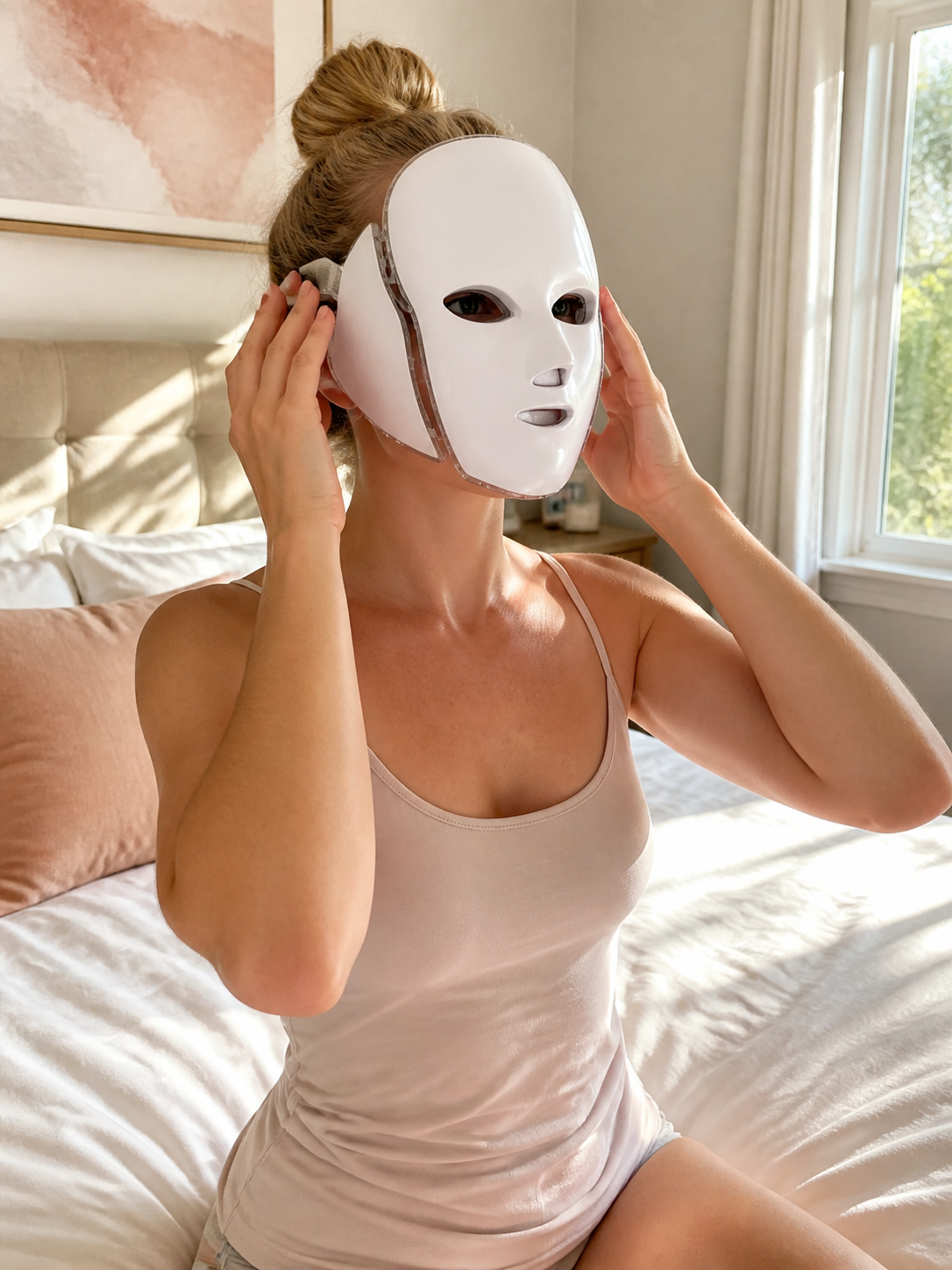 Morning bedroom routine with the white PhotonMask face mask