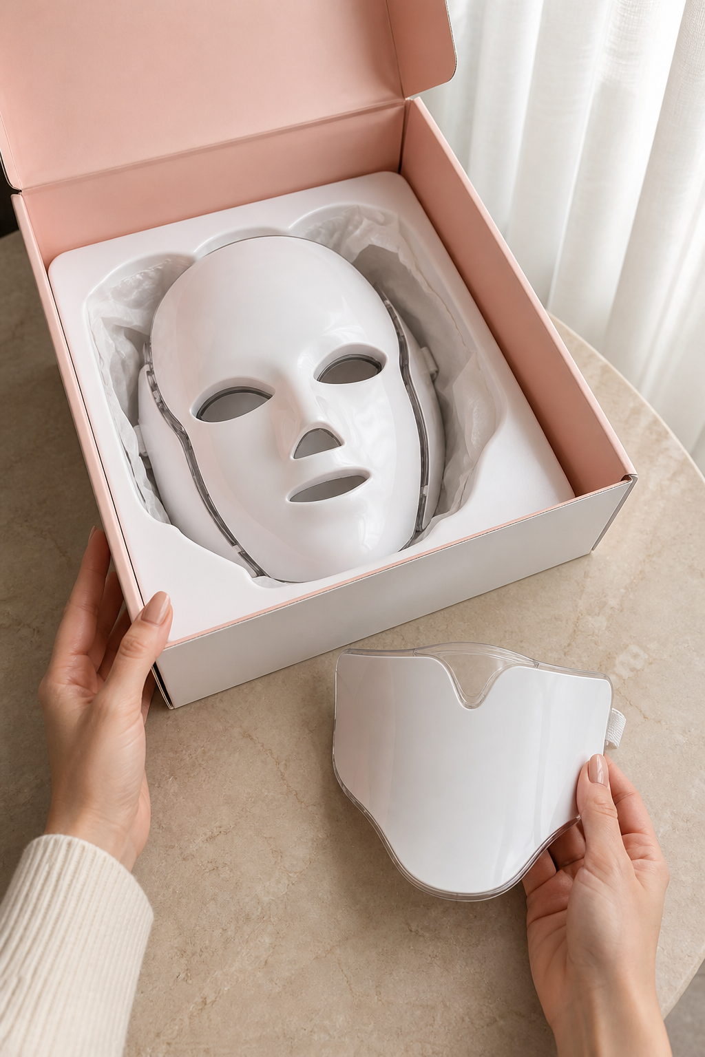 White PhotonMask set arranged in a premium unboxing scene