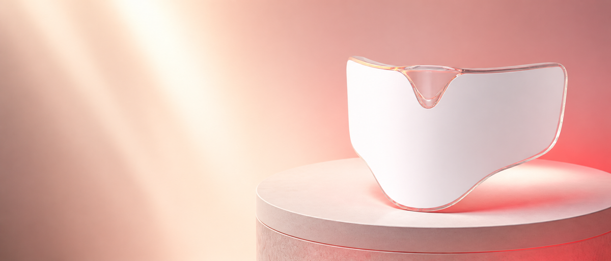 Matching white PhotonMask chest attachment illuminated on a premium pedestal