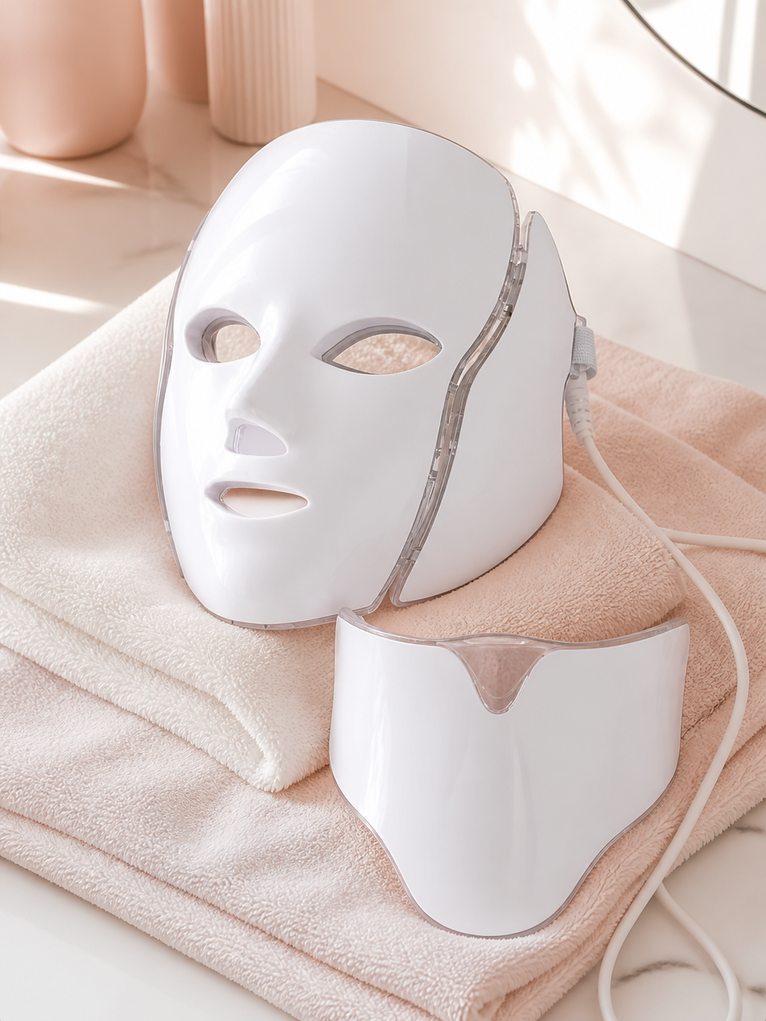 PhotonMask white face mask and chest attachment prepared on a bathroom towel
