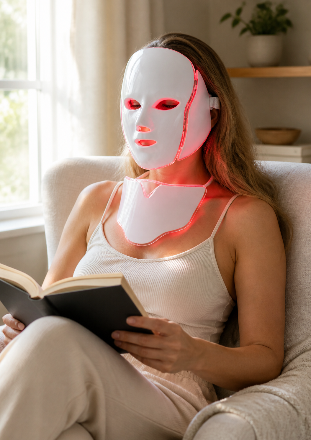 At-home reading-chair routine with the PhotonMask chest attachment and face mask